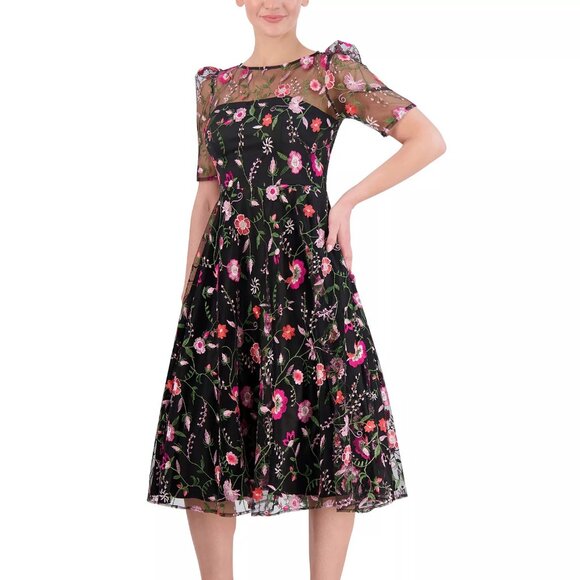 Eliza J Floral Embroidered Midi Dress – Black Magenta (NWT, Size 6) - Picture 1 of 4